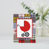 Invitation Baby shower neutre - Transport rouge et plaid (Debout devant)
