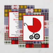 Invitation Baby shower neutre - Transport rouge et plaid (Devant / Derrière)