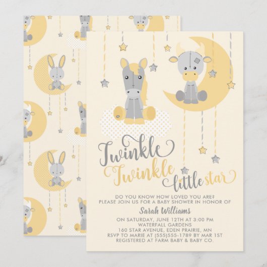 Invitation Baby shower Neutre Twinkle Little Star Animaux (Devant / Derrière)