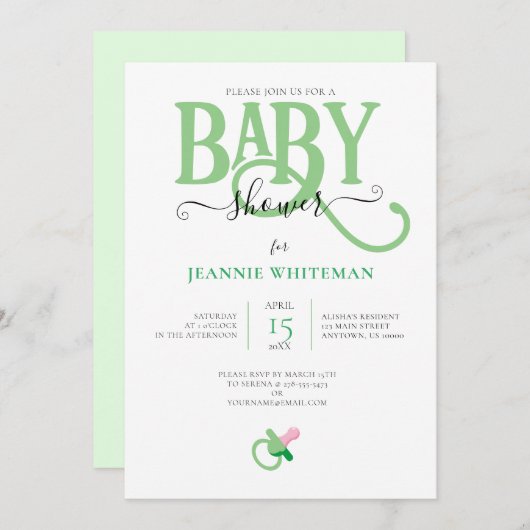 INVITATION BABY SHOWER NEUTRE VERT SEXE AVEC PACIFIQUE (Devant / Derrière)