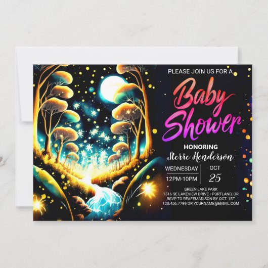Invitation Baby shower nocturne de lucioles enchantées (Devant)