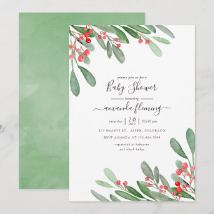 Invitation Baby Shower Noël Holly Jolly à l'aquarelle