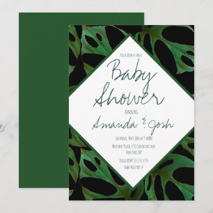 Invitation Baby Shower Noir à Motif de Feuille Tro