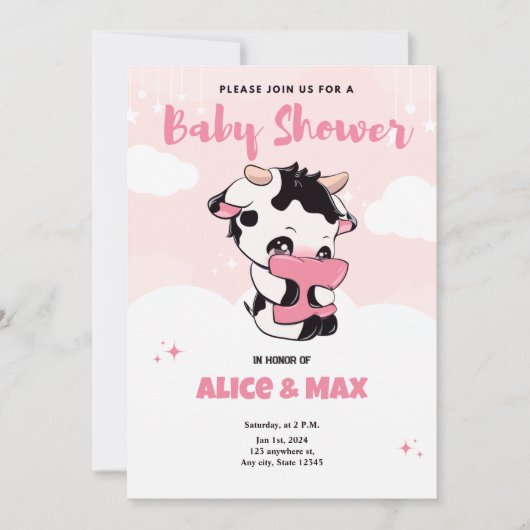 Invitation Baby shower noir blanc de vache rose noire (Devant)