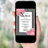 Invitation Baby shower noir blanc rayures rose fleurs