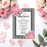 Baby shower noir blanc rayures rose fleurs