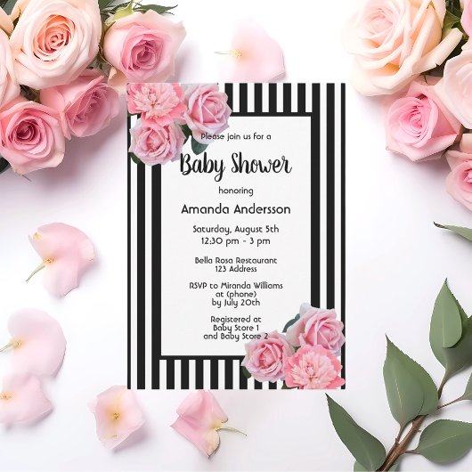 Invitation Baby shower noir blanc rayures rose fleurs