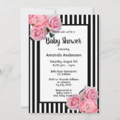 Invitation Baby shower noir blanc rayures rose fleurs (Devant)