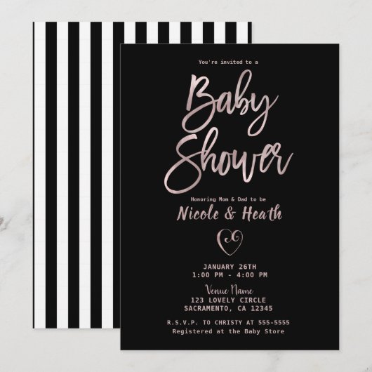 Invitation Baby shower noir blanc Rose or rose (Devant / Derrière)