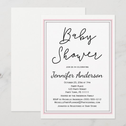 Invitation Baby shower noir blanc rose simple et propre (Devant / Derrière)