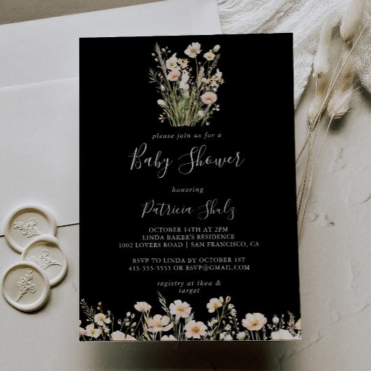 Invitation Baby shower noir classique Boho Blush Fleur sauvag