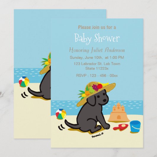 Invitation Baby shower noir de chapeau de paille de chiot de (Devant / Derrière)