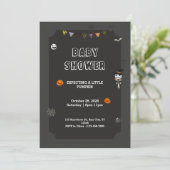 Invitation Baby shower noir Éffrayant Halloween Little citrou (Debout devant)