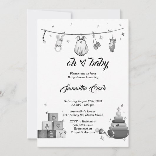 Invitation Baby shower noir et blanc (Devant)