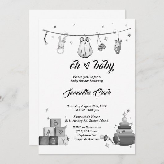 Invitation Baby shower noir et blanc (Devant / Derrière)