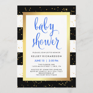 Invitation Baby shower noir et blanc de rayures d'or avec le