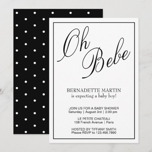 Invitation Baby shower noir et blanc élégant et neutre pour l (Devant / Derrière)