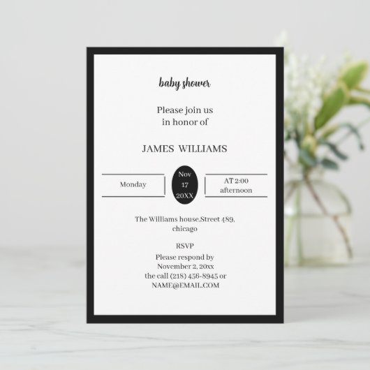 Invitation Baby shower Noir Et Blanc Simple Personnalisé (Debout devant)