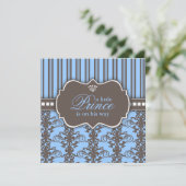 Invitation Baby shower noir et bleu de Prince Damask & Stripe (Debout devant)