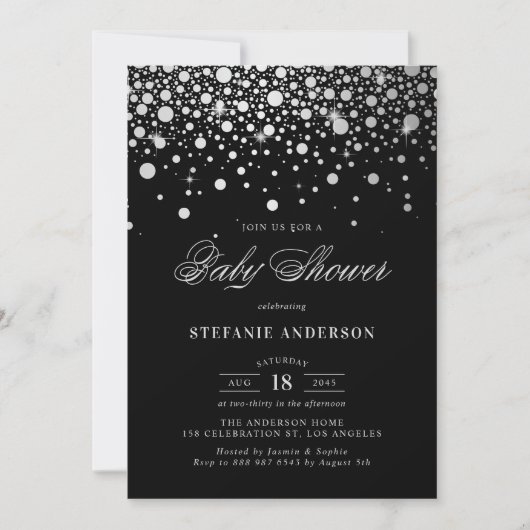 Invitation Baby shower noir Faux Silver Foil Confetti Dots (Devant)