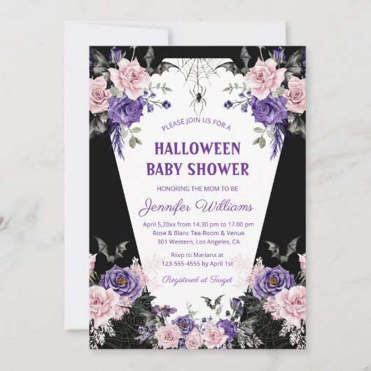 Invitation baby shower noir gothique rose halloween (Devant)