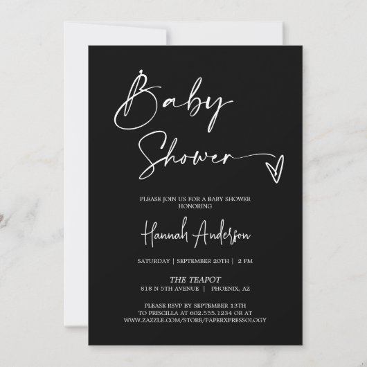 Invitation Baby shower noir moderne simple QR Code photo (Devant)