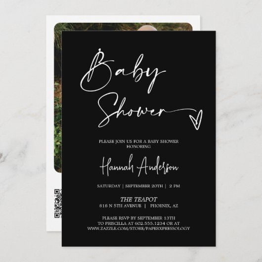 Invitation Baby shower noir moderne simple QR Code photo (Devant / Derrière)