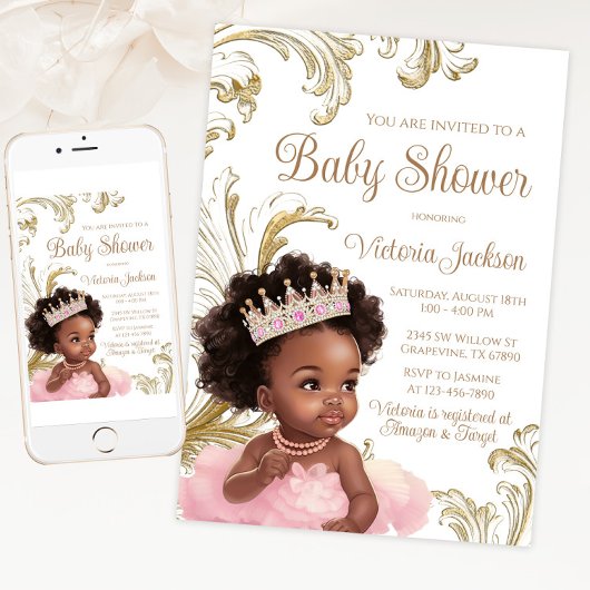 Invitation Baby shower noir Princess Pink Gold
