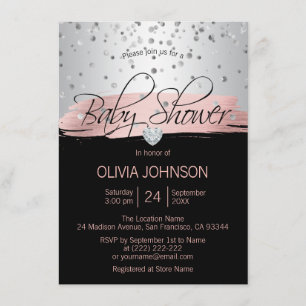 Invitation Baby shower noir rose argenté personnalisé de