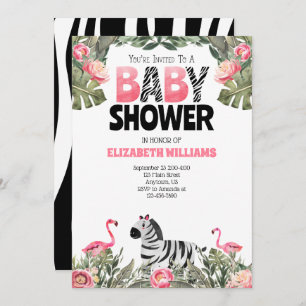 Invitation Baby shower noir rose Flamants roses Zebra