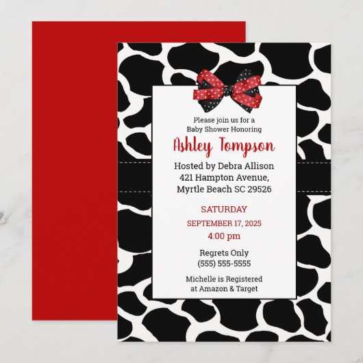 Invitation Baby shower noir rouge pour vache (Devant / Derrière)