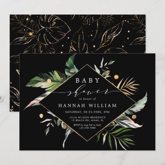 Invitation Baby shower noir sauvage Tropical Foliage (Devant / Derrière)
