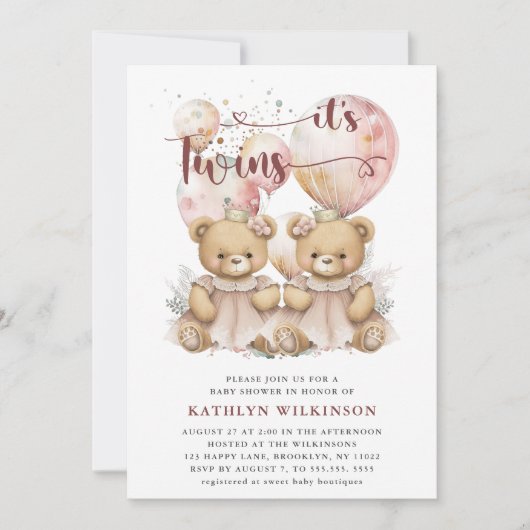 Invitation BABY SHOWER Nounours DES Ballons roses DOUCES (Devant)