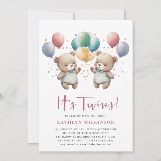 Invitation BABY SHOWER Nounours DES Ballons roses DOUCES (Devant)