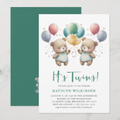 Invitation BABY SHOWER Nounours DES Ballons verts DOUCES (Devant / Derrière)