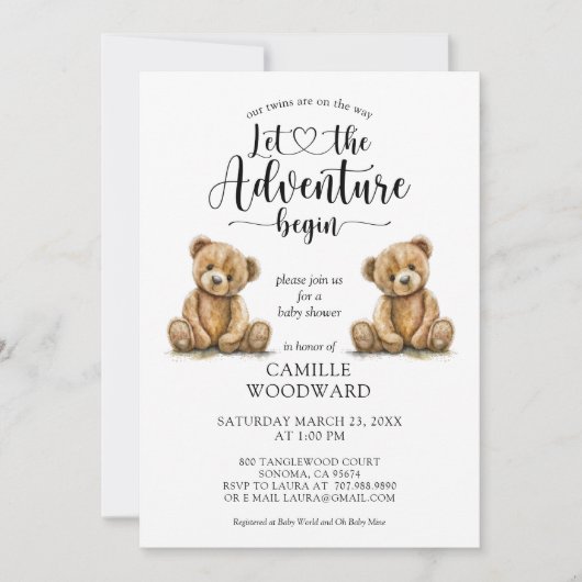 Invitation Baby shower Nounours Twins (Devant)