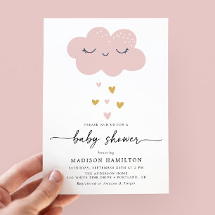Invitation Baby Shower Nuage Mignon et Cœurs Rose et Or