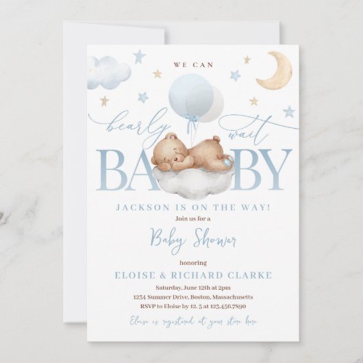 Invitation Baby shower nuages et étoiles bleu ours en peluche (Devant)