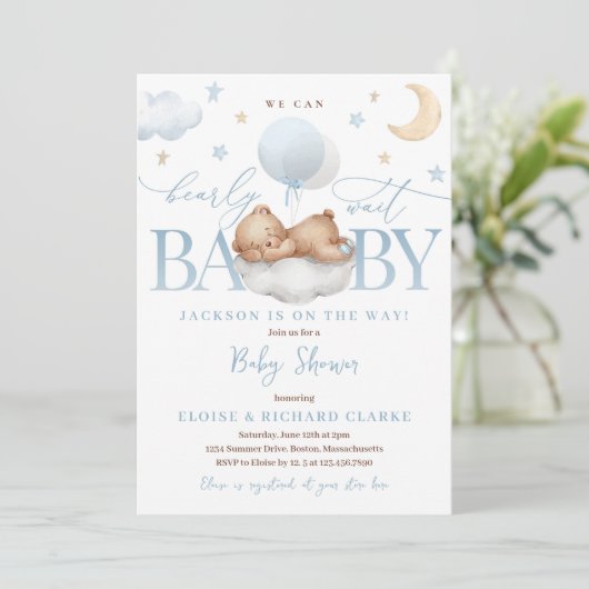 Invitation Baby shower nuages et étoiles bleu ours en peluche (Debout devant)
