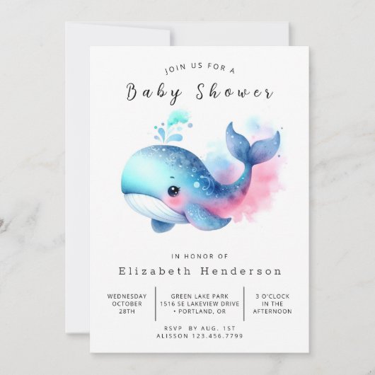 Invitation Baby shower numérique chic pour baleines (Devant)