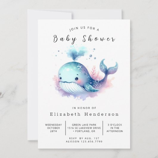 Invitation Baby shower numérique chic pour baleines (Devant)