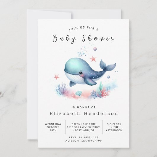 Invitation Baby shower numérique chic pour baleines (Devant)