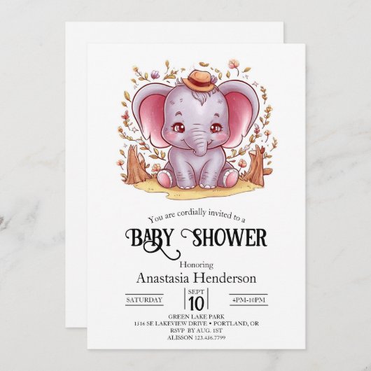 Invitation Baby shower numérique magique de charme Eléphant (Devant / Derrière)