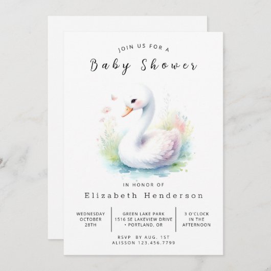Invitation Baby shower numérique unique pour cygne (Devant / Derrière)