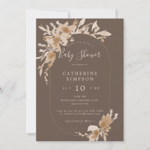 Invitation baby shower oblong fleuri brun de pêche
