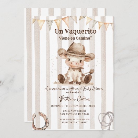 Invitation Baby shower occidental espagnol Vaquerito Cowboy (Devant / Derrière)