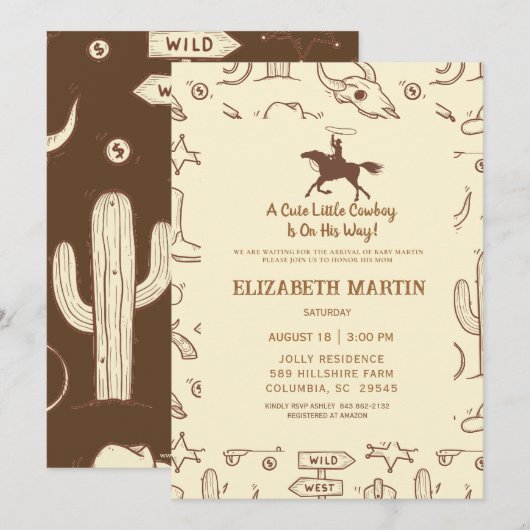 Invitation Baby shower occidental rustique Cowboy (Devant / Derrière)