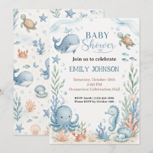 Invitation Baby Shower Océan Personnalisé Baleine Tortue Pieu