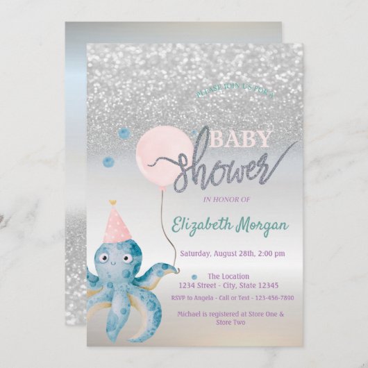 Invitation Baby shower Octopus Balloon Argent Bokeh (Devant / Derrière)