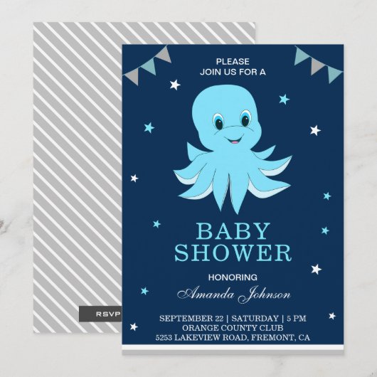 Invitation Baby shower octopus bleu mou (Devant / Derrière)